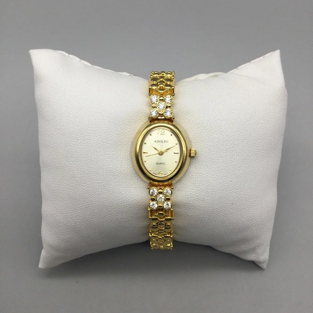 Adolfo Womens Watch 17mm Ovall Gold Tone Crystal Bracelet New Battery 6.5
